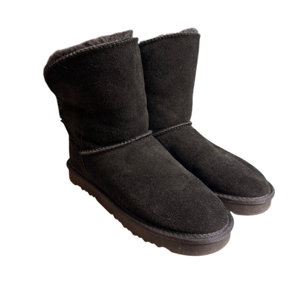Shearling Winter Boots 8 Black Faux Fur Buckle Cozy Flat Comfort Plush Cabin‎